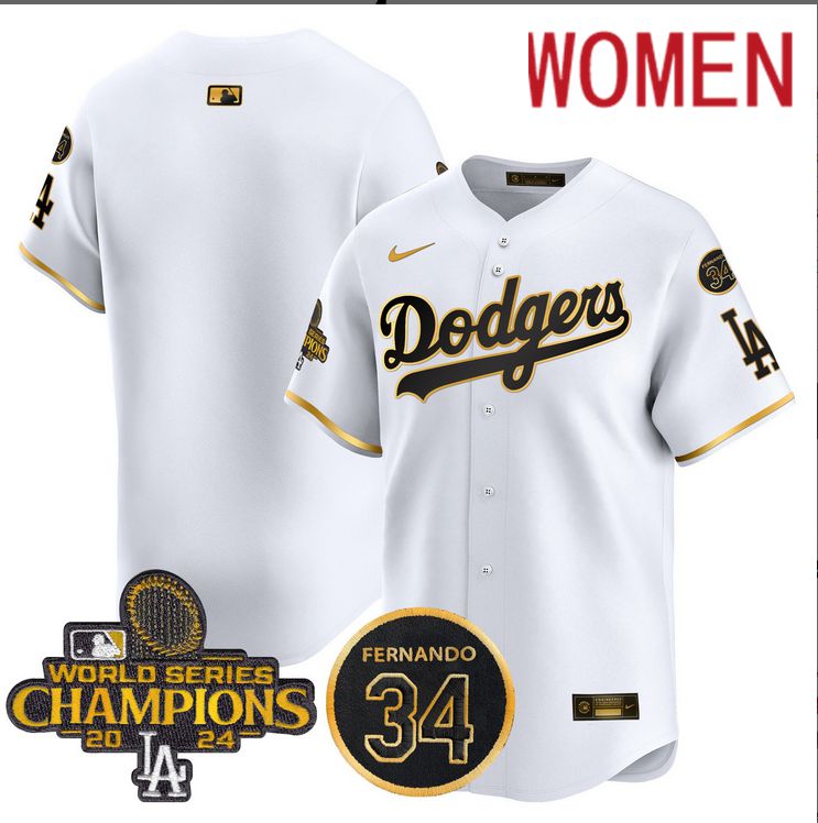 Women MLB Los Angeles Dodgers  blank white 2024 World Series Champions Patch Limited Jersey->women mlb jersey->Women Jersey